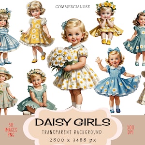 Daisy Girls CLIPART PNG pliki Komercyjne użycie Przezroczyste tło Vintage Retro Wianek Bukiet Mała słodka sukienka w stylu shabby chic Junk Journal