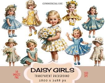 Daisy Girls CLIPART PNG files Commercial use Transparent background Vintage Retro Wreath Bouquet Little Cute Shabby Chic Dress Junk Journal