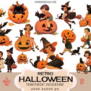 Fichiers PNG Halloween rétro CLIPART Utilisation commerciale Fond transparent vintage Enfants Fille Garçon Chat noir citrouille Jack-O-Lantern Junk Journal