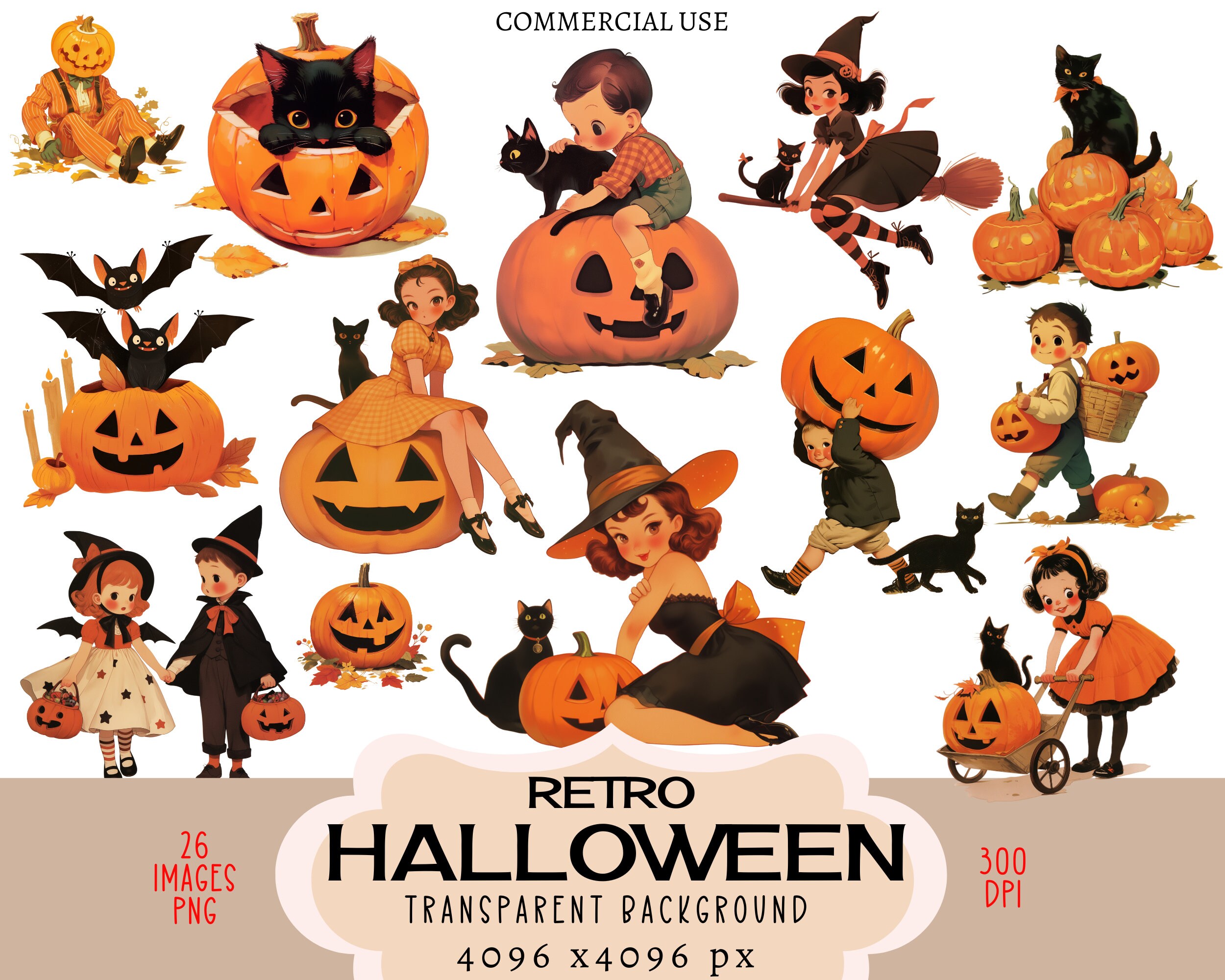 Retro Halloween CLIPART PNG files Commercial use Transparent background Vintage Kids Girl Boy Black Cat Pumpkin Jack-O-Lantern Junk Journal
