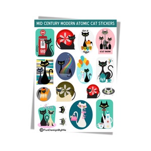 Fichier JPG Stickers chat atomique moderne des années 50, téléchargeable, imprimable, MCM, chats rétro des années 50, cadeau pour maman, mod de téléchargement immédiat de Style