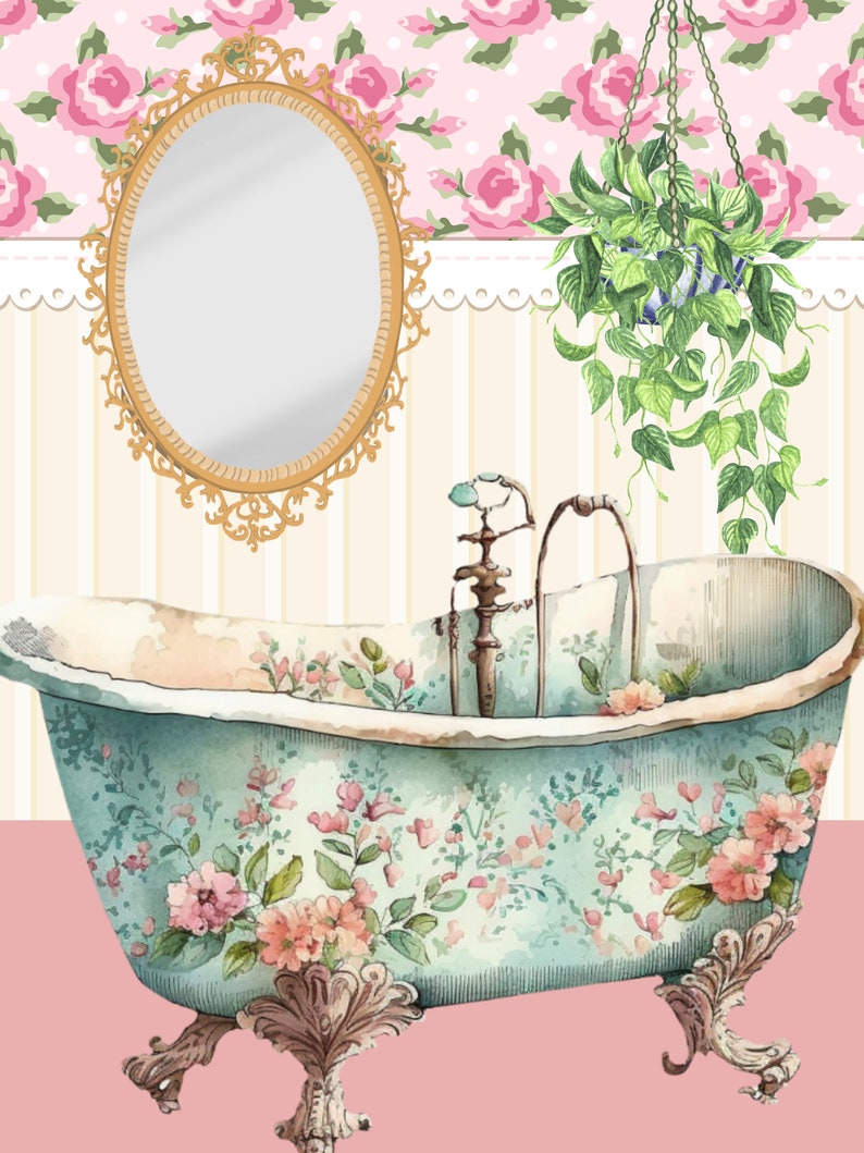 INSTANT DOWNLOAD Shabby Chic Bathtub Art Print, Pale Pink Roses Poster