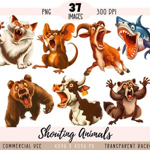 Puede incluir: Ilustraciones de animales de dibujos animados, incluyendo un gato, un ratón, una cabra, un tiburón, un oso, una vaca y un mapache, todos con la boca abierta como si gritaran. La imagen incluye el texto "Shouting Animals".