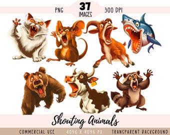 Shouting Animals CLIPART PNG files, Screaming Goat Sublimation, Calling Monkey, Roaring Quirky Funny Commercial use Transparent background