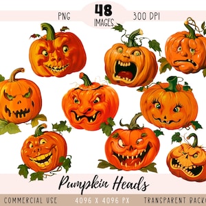 Op de afbeelding: Een verzameling oranje pompoen illustraties met verschillende gezichtsuitdrukkingen, waaronder glimlachend, boos en verrast. De pompoenen hebben groene stelen en bladeren. De tekst "Pumpkin Heads" is inbegrepen.