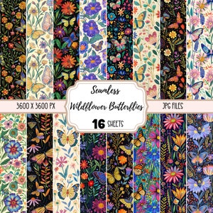 Wildflower Butterflies Pattern Digital Papers JPG, Carta da parati senza soluzione di continuità, Uso commerciale, Sfondo scaricabile Fiori di prato