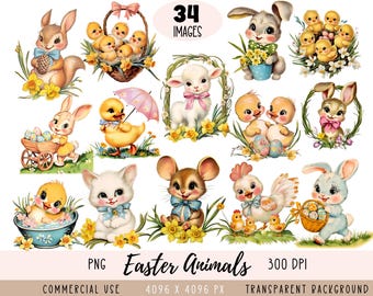 Fichiers PNG CLIPART animaux de Pâques, lapin avec des oeufs de Pâques, poussins jonquilles, usage Commercial fond Transparent