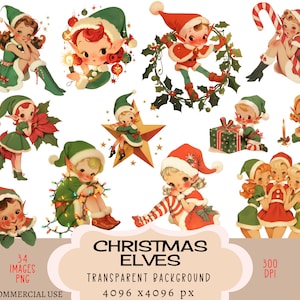 Elfos de Navidad CLIPART archivos PNG Uso comercial Fondo transparente Lindo Elfo Holly Candy Cane String Light Poinsettia Star Junk Journal