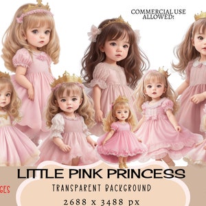 Linda princesita niñas CLIPART archivos PNG Uso comercial Fondo transparente Vestido rosa Traje de moda Verano Junk Journal Planner