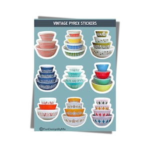Vintage PYREX STICKERS, Downloadable Printable  Instant Download, Mixing Bowls Stacked MCM Retro 50s 60s 70s Patterns Kitchen Craft Jpg file