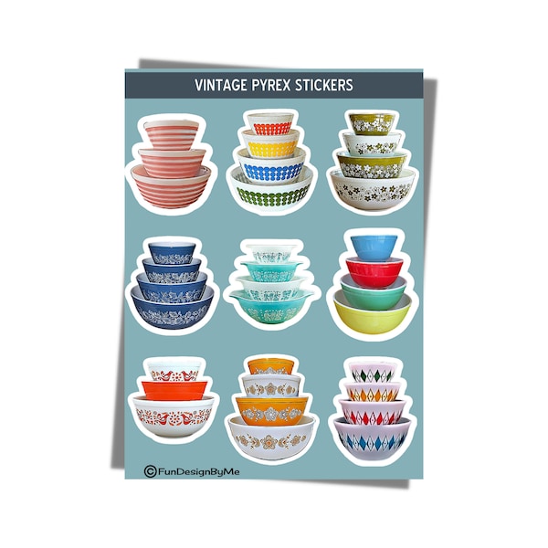 Vintage PYREX STICKERS, Downloadable Printable  Instant Download, Mixing Bowls Stacked MCM Retro 50s 60s 70s Patterns Kitchen Craft Jpg file