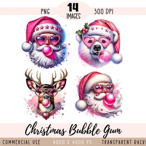 Arquivos PNG de CLIPART de chiclete rosa de Natal, sublimação de Papai Noel, elfo de cabeça de rena com óculos de coração, uso comercial, fundo transparente