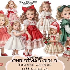 Vintage Weihnachtsmädchen CLIPART PNG-Dateien Kommerzielle Nutzung Transparenter Hintergrund Kleine Rote Party Kleid Winterferien Aufkleber Junk Journal
