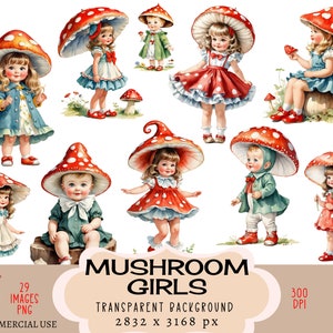 Paddestoel meisjes CLIPART PNG-bestanden commercieel gebruik transparante achtergrond vliegenzwam baby amanita bos houtkabouter vintage retro junk Journal