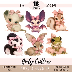 Fichiers PNG CLIPART coquette animaux, créatures mignonnes sublimation girly girly rose noeud mouffette lapin souris utilisation commerciale fond transparent