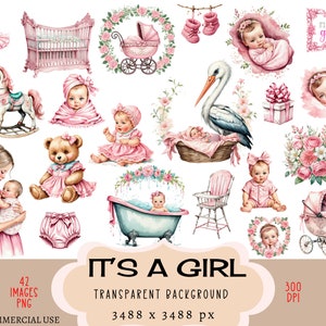 Babyshower CLIPART PNG-bestanden, commercieel gebruik, transparante achtergrond It's a Girl Ooievaarswagen bloemen moeder kind schattig wieg ongewenste dagboek