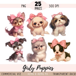 Pink Bow Dogs CLIPART PNG files, Cute Girly Puppies Sublimation, Coquette Baby Girl Nursery Doggies Commercial use Transparent background