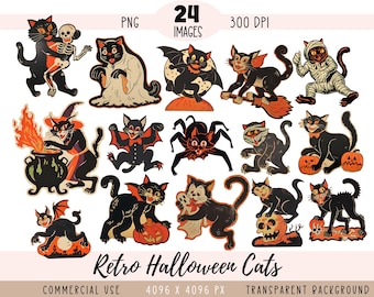 レトロなハロウィン黒猫ピエロPNG | 1950年代のヴィンテージ