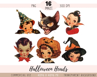 Halloween Heads CLIPART PNG file Commercial use Transparent background, Retro Black Cat, Cute Vintage Vampire Wizard Kids Boys Girls 50s DIY