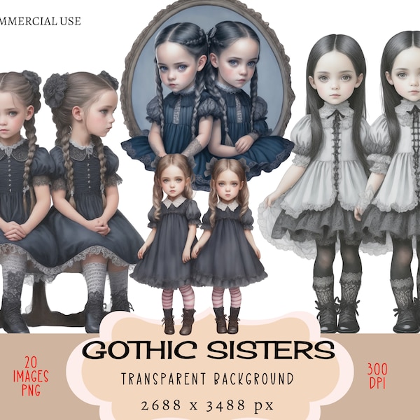 Gothic Schwestern CLIPART PNG-Datei Kommerzielle Nutzung Transparenter Hintergrund Kleines Schwarzes Halloween Outfit Kostüm Goth Indie Junk Journal