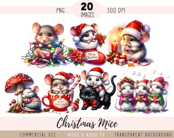 Fichiers CLIPART PNG de souris de Noël, sublimation de souris Caroler, souris du père Noël, usage commercial, fond transparent