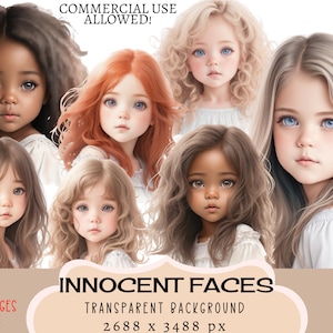 Kleines Mädchen-Gesichter CLIPART PNG-Dateien Kommerzielle Nutzung Transparenten Hintergrund Baby Mädchen Melanin Asiatische Rot Kopf Blonde Nette Aufkleber Junk Journal