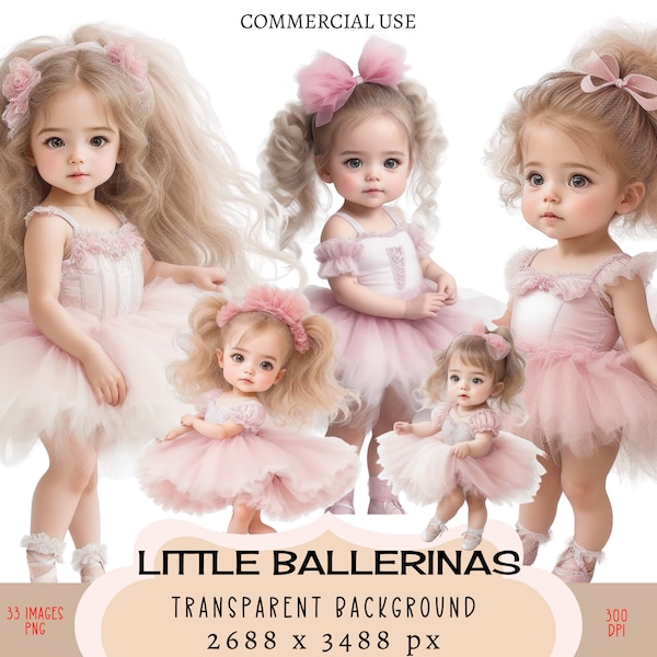 Little Ballerina CLIPART PNG files Commercial use Transparent background Ballet Dancer Pink White Tutu Skirt Outfit Cute Girls Junk Journal