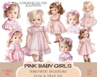 Baby Girls CLIPART PNG files, Commercial use, Transparent background Pale Pastel Pink Cute Adorable Toddler Stickers Junk Journal