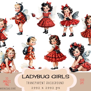 Coccinella ragazze CLIPART file PNG Uso commerciale Sfondo trasparente Vintage retrò insetto Bug Costume vestito rosso nero punteggiato Junk Journal