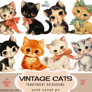 fichiers PNG CLIPART chats vintage, chaton rétro mignon kitty, tout usage Commercial fond Transparent noeud des années 50 Tabby noir blanc gingembre Junk Journal