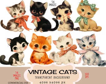 Vintage Cats CLIPART PNG files, Retro Kitten Cute Kitty, Commercial use Transparent background Bow 50s Tabby Black White Ginger Junk Journal