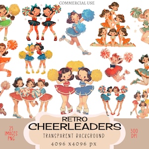 Cheerleader Girls CLIPART Arquivo PNG Uso comercial Fundo transparente Retro Vintage Futebol Esporte Pompom Roupa Fifties 50s Junk Journal