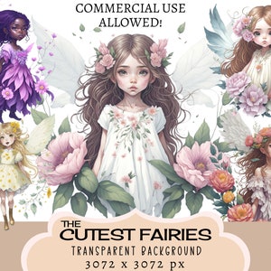 Niedliche Blumen Feen CLIPART PNG Dateien, Kommerzielle Nutzung, Transparenter Hintergrund, Märchen Blumen, Shabby Chic, Romantisch Junk Journal Kids