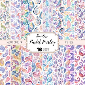 May include: A set of 16 seamless pastel paisley patterns in JPG format. Each pattern is 3600 x 3600 pixels and features a white background with colorful paisley designs.