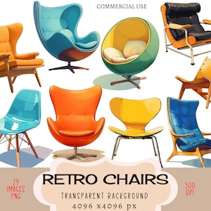 Sillas retro modernas de mediados de siglo Archivos PNG CLIPART Uso comercial Fondo transparente Muebles de diseño de diseñador de los años 50 Diario basura vintage