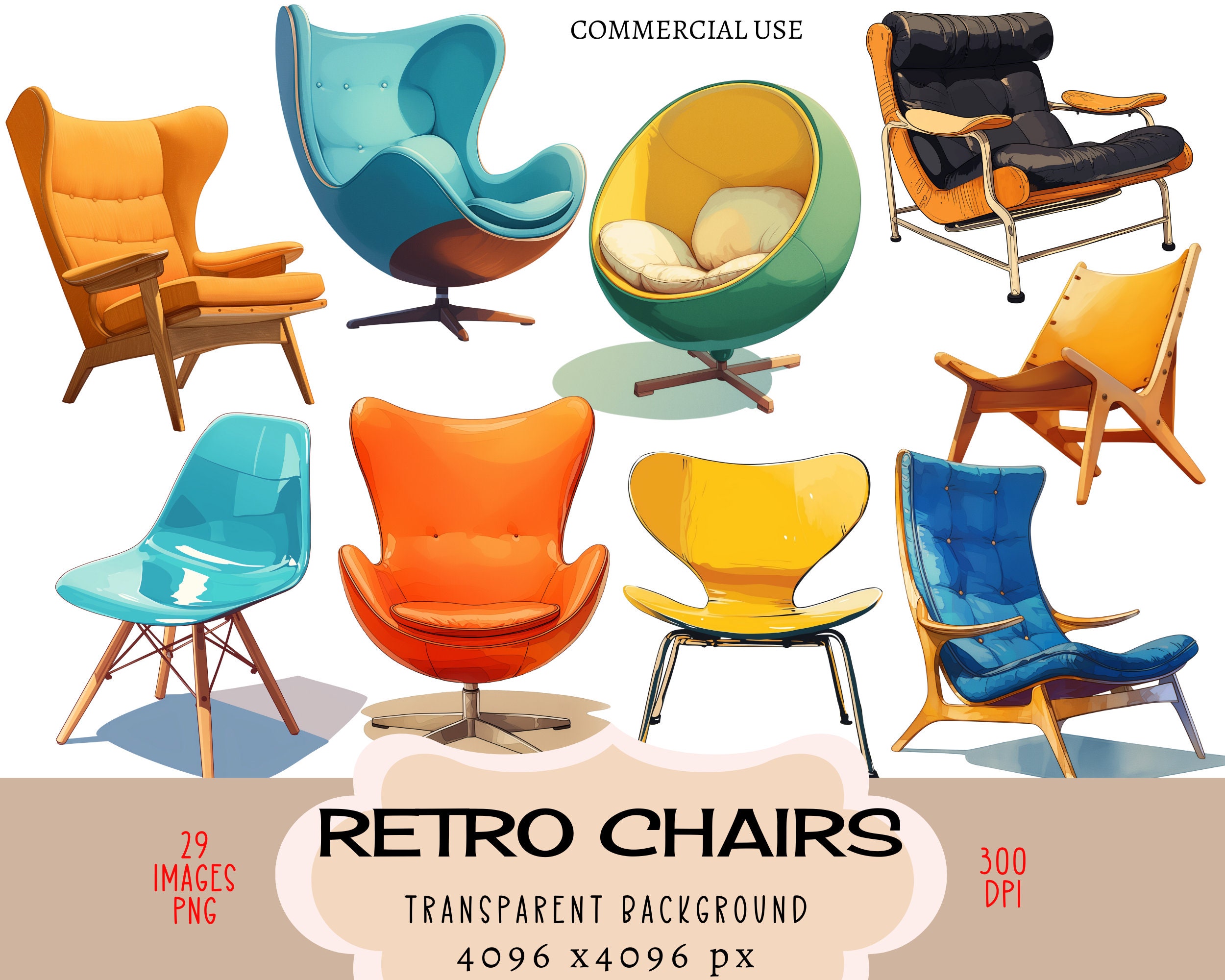 Mid Century Modern Retro Chairs CLIPART PNG files Commercial use Transparent background 50s Designer Design Furniture Vintage Junk Journal
