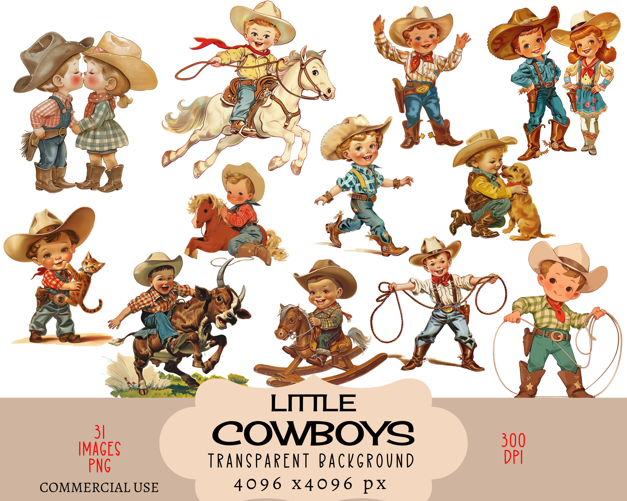 Cowboys CLIPART PNG files Commercial use Transparent background Retro 50s Rocking Horse Lasso Hat Vintage Little Boy Country Junk Journal
