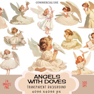 Engel mit Tauben CLIPART PNG-Dateien Kommerzielle Nutzung Transparenter Hintergrund Süß Retro Vintage Mädchen Weiß Spitzenkleid Frieden Vogel Junk Journal