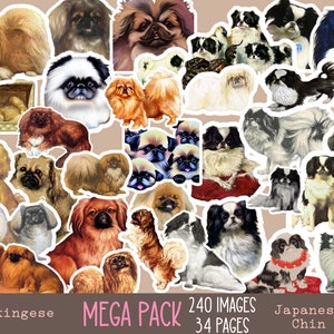 Vintage PEKINGESE hond JAPANSE KIN digitaal collageblad, stickers downloadbaar afdrukbaar, Instant Download Crafting Cards Labels pietluttig knippen