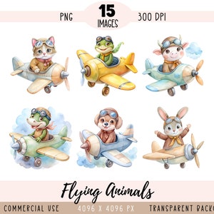 Fichiers PNG CLIPART animaux volants, sublimation avion, chat chien orignal grenouille éléphant pilote ciel nuages, usage commercial, fond transparent