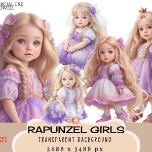 Rapunzel Girls CLIPART PNG archivos Uso comercial Fondo transparente Traje de princesa Traje de pelo largo Pegatinas lindas Planificador de diario basura
