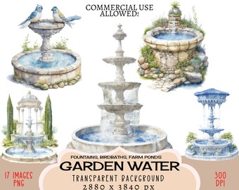 Garden Water CLIPART PNG files, Commercial use, Transparent background Fountains Birdbath Farm Pond Park Stone Limestone Birds Junk Journal