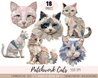 Patchwork Cat CLIPART PNG files, Pink Patches Kitty, Faux Patchwork Kitten Download