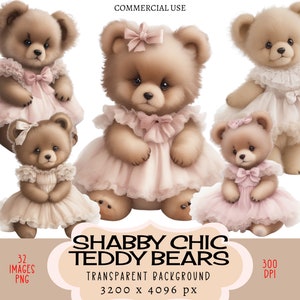 Osos de peluche Shabby Chic, archivos PNG CLIPART, uso comercial, fondo transparente, lindo juguete esponjoso, planificador de vestido blanco y rosa, diario basura