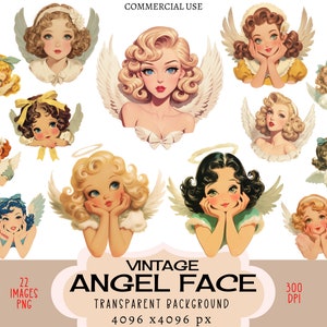 File PNG CLIPART vintage Angel Face Uso commerciale Sfondo trasparente Retro anni '50 Testa Ali Ragazze Cattolica Cristiana Scrap Junk Journal
