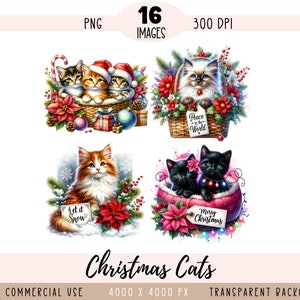 May include: Four digital images of cats in Christmas-themed settings. The first image shows three cats in a basket with a red poinsettia, ornaments, and a gift box. The second image shows a cat in a basket with a red poinsettia, ornaments, and a sign that says "Peace on Earth". The third image shows a cat in a snowy scene with a red poinsettia and a sign that says "Let it Snow". The fourth image shows two black cats in a pink basket with a red poinsettia and a sign that says "Merry Christmas".