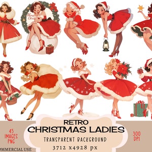 Fichiers PNG CLIPART de Noël rétro pour femmes à usage commercial Fond transparent vintage Robe de père Noël rouge arbre cadeau fille femme indésirable journal