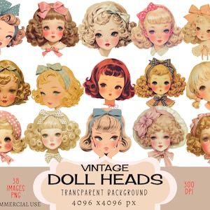 Teste di bambola CLIPART file PNG Uso commerciale Sfondo trasparente Vintage retrò viso donna anni '50 bionda bruna capelli cappello fiocco spazzatura diario fai da te