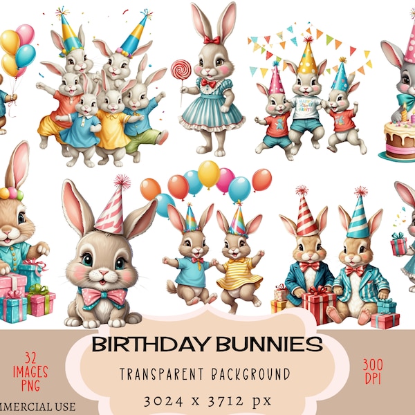 Birthday Bunny CLIPART PNG Files, Commercial use Transparent background Cute Little Rabbit Boy Girl Party Hat Cake Kids Balloon Junk Journal