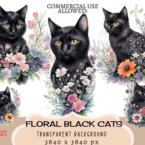 Fichiers PNG CLIPART chat noir, tout usage commercial, fond transparent fleurs aquarelle florale prairie d'été fleurs sauvages autocollants Junk Journal